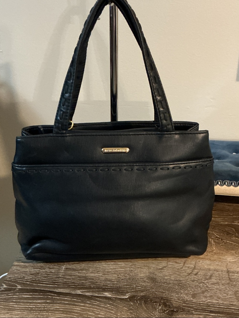 Liz Claiborne Vintage Navy Vinyl with Leather Trim Tote Satchel Gold Plaque